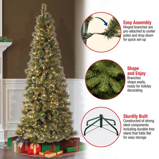 6.5ft. Pre-Lit Glittery Bristle Pine Slim Artificial Christmas Tree, Warm White Diamond Cap LED Lights